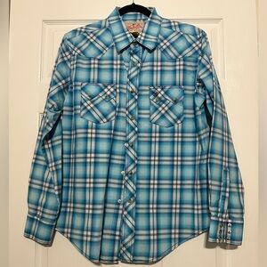 Wrangler Turquoise Plaid Snap Button Down Shirt Size Medium
